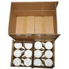 Several ceramic mugs arranged neatly in cardboard boxes, showcasing a simple white design with a logo.