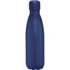 A drink bottle in navy blue, with a sleek design and a logo, featuring vacuum insulation for temperature retention.