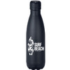 A drink bottle in matte black with a surf design, featuring a logo on the front. Insulated and 500ml capacity.