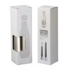 A white box packaging for a silver drink bottle with copper vacuum insulation, featuring a logo and a clear display window.