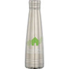 A drink bottle in silver with a sleek design and a logo, featuring a green graphic element.