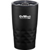 A drink bottle featuring a matte black finish with a textured design and a clear lid. It has a logo.