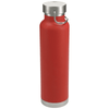 A drink bottle in vibrant red with a stainless steel lid and a silver base, featuring a carry handle.