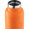 A drink bottle in bright orange with a stainless steel opening, featuring a smooth, matte finish.