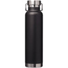 A drink bottle in matte black finish with stainless steel accents and a secure lid. Features a logo.