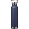 A drink bottle in navy blue with a stainless steel base and a handle on the lid, featuring a logo.