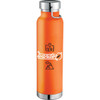 A drink bottle in vibrant orange with a stainless steel lid and a logo. Features a sleek, insulated design.