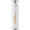 A drink bottle in white with a stainless steel lid and a logo. It features a sleek, modern design and is vacuum insulated.