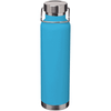 A drink bottle in bright blue with a stainless steel cap and handle, featuring a logo. Holds 650ml.