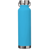 A drink bottle in vibrant blue with a stainless steel base and cap, featuring a secure lid and a logo.