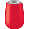 A drink bottle featuring a red, vacuum insulated design with a transparent lid, suitable for travel.