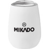 A drink bottle in matte white with a clear lid and a black logo on the front. Ideal for travel use.