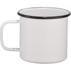A drinkware enamel metal cup in white with a black rim, featuring a sturdy handle.