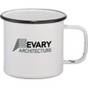 A white enamel metal cup with a black rim and a handle, featuring a logo on the side.