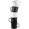 A stack of enamel metal cups in black and white, showcasing a glossy finish and classic design.
