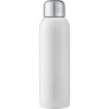 A drink bottle in white with a silver lid, featuring a logo. Suitable for sports and outdoor activities.