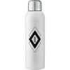 A drink bottle in white with a silver cap and a logo on the body. Ideal for sports and outdoor activities.