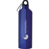 A drink bottle in a deep purple colour, made of aluminium, featuring a logo and a black cap with a carabiner.