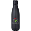 A drink bottle in matte black with a logo printed on the front, featuring a vacuum-insulated design.