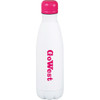 A drink bottle with a white body and a pink lid, featuring a logo. It has a sleek, vacuum-insulated design.