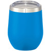 A drink bottle in vibrant blue with a stainless steel rim and clear lid, designed for insulated beverages.