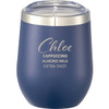 A drink bottle in navy with a stainless steel rim, featuring a logo and a clear lid, designed for insulated beverages.