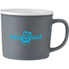 A ceramic mug in grey with a contrasting white interior, featuring a logo on one side.