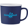 A ceramic mug in navy blue with a contrasting white rim and a logo on the side. Holds 350ml.