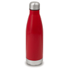 A drink bottle in vibrant red with a silver stainless steel cap, featuring a smooth surface and an integrated logo.