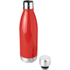 A drink bottle in bright red stainless steel with a silver base and a screw top. It has a logo on the side.