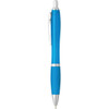 A blue plastic pen with a silver clip and accents, featuring a contoured grip. It has a branding logo.
