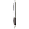 A silver and black plastic pen with a smooth finish, featuring a clip and a logo on the body.