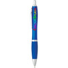 A blue plastic pen featuring silver accents and a logo. The pen has a comfortable grip and a sleek design.
