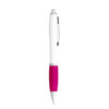 A ballpoint pen with a white barrel and a pink grip, featuring a clip and a brand logo.