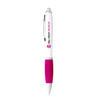 A ballpoint pen with a white barrel and pink grip, featuring a logo on the barrel.