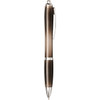 A grey and silver ballpoint pen with a sleek design and a logo on the barrel.