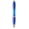 A blue and silver ballpoint pen with a sleek design and a logo on the body.