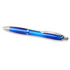 A blue ballpoint pen with a sleek design and a silver clip, featuring a logo on its body.