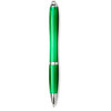 A green ballpoint pen with a shiny finish, featuring a silver clip and accents, and has branding.