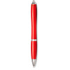 A red ballpoint pen with a sleek design and silver accents, featuring a logo on its body.