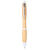 A bamboo ballpoint pen with white accents and a shiny silver clip. Features a sleek, natural finish.