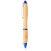 A bamboo ballpoint pen with a blue tip and accents, featuring a silver clip and branding.
