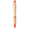 A bamboo ballpoint pen with red accents and a silver clip, featuring a logo on the barrel.