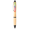 A bamboo ballpoint pen featuring a silver clip and black accents, with a multicoloured logo.