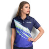 A women's sports polo in navy blue with a dynamic multicoloured design and a logo on the chest.