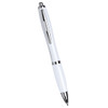 A ballpoint pen in all white, featuring silver accents and a logo on the body.