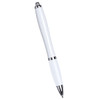 A white ballpoint pen with silver accents and a sleek design, featuring a branding logo.