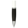 A stylus pen with a black rubber grip and a silver tip, featuring a white upper section and a logo.