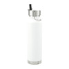 A drink bottle featuring a sleek white exterior, stainless steel accents, and a straw lid. It includes a logo.
