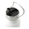 A drink bottle with a stainless steel lid and a black straw lid, featuring a curved handle. The body is white.